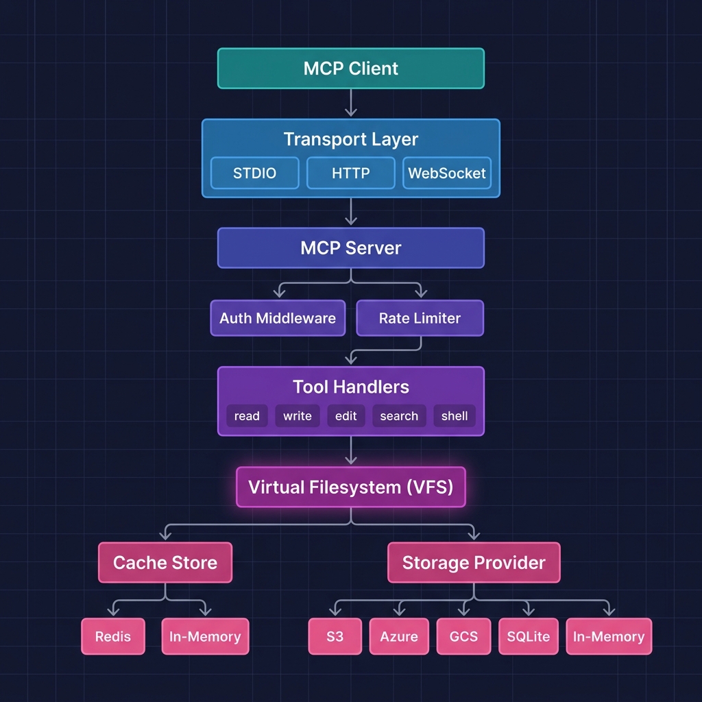 System architecture showing the full stack from MCP Client to Storage Providers