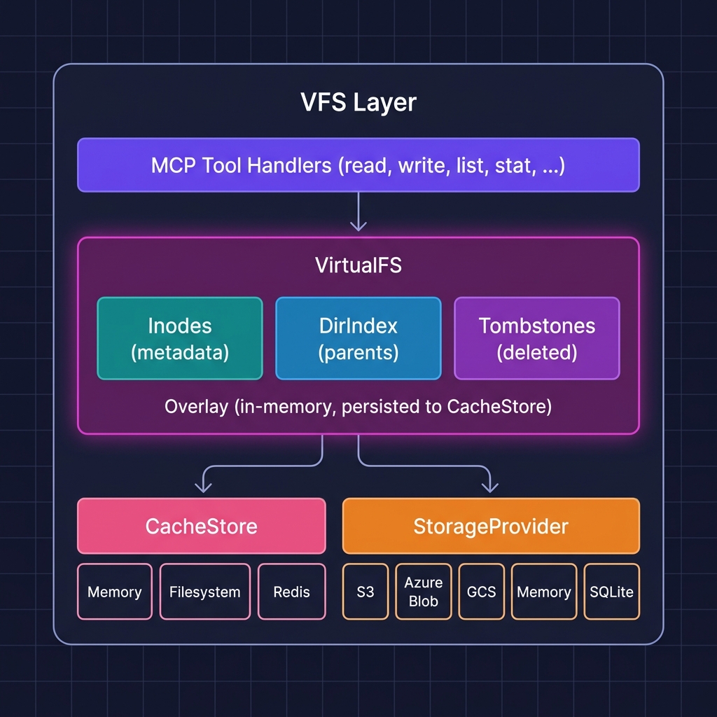 VFS internal architecture showing Inodes, DirIndex, Tombstones, CacheStore, and StorageProvider