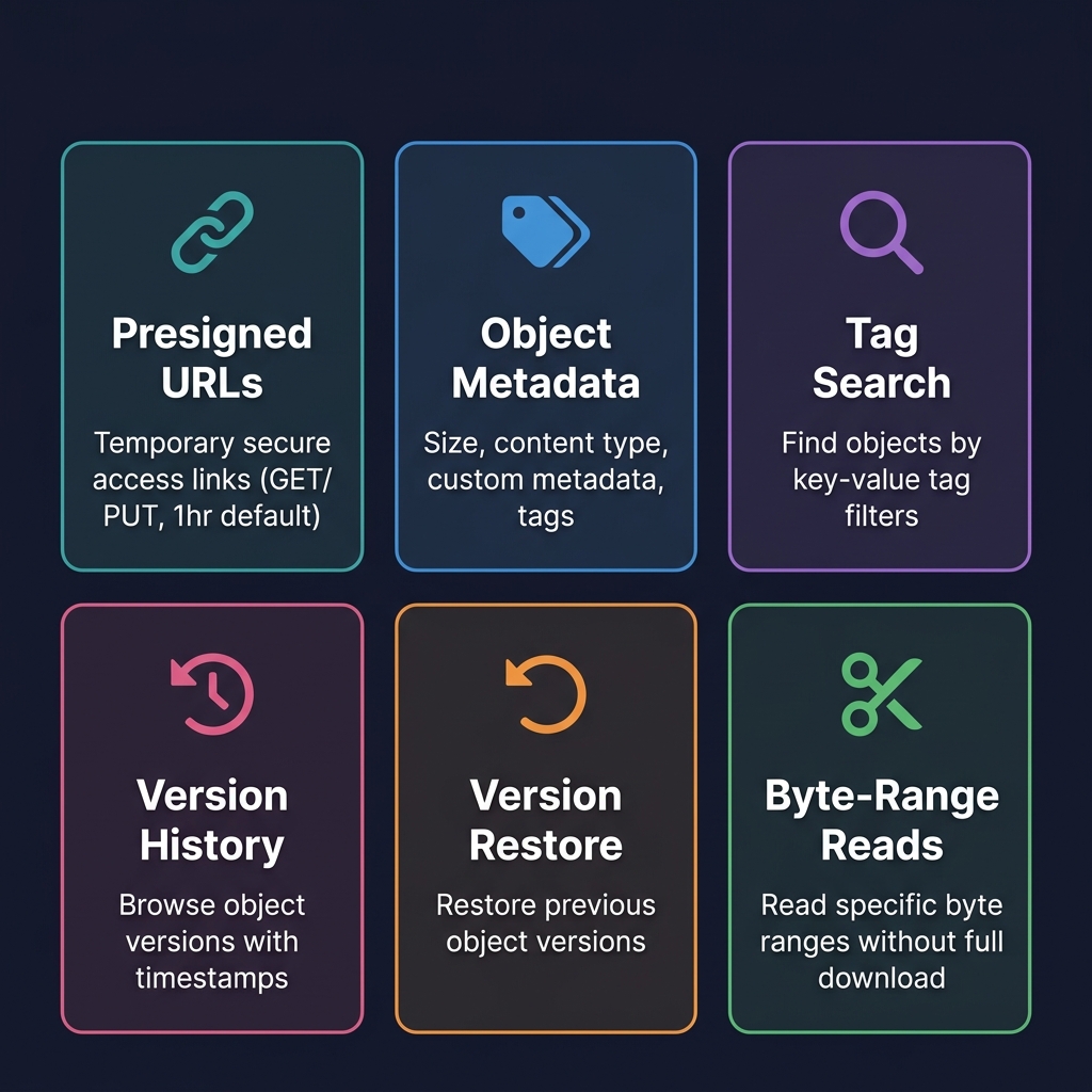 Cloud-native tools: Presigned URLs, Object Metadata, Tag Search, Version History, Version Restore, Byte-Range Reads