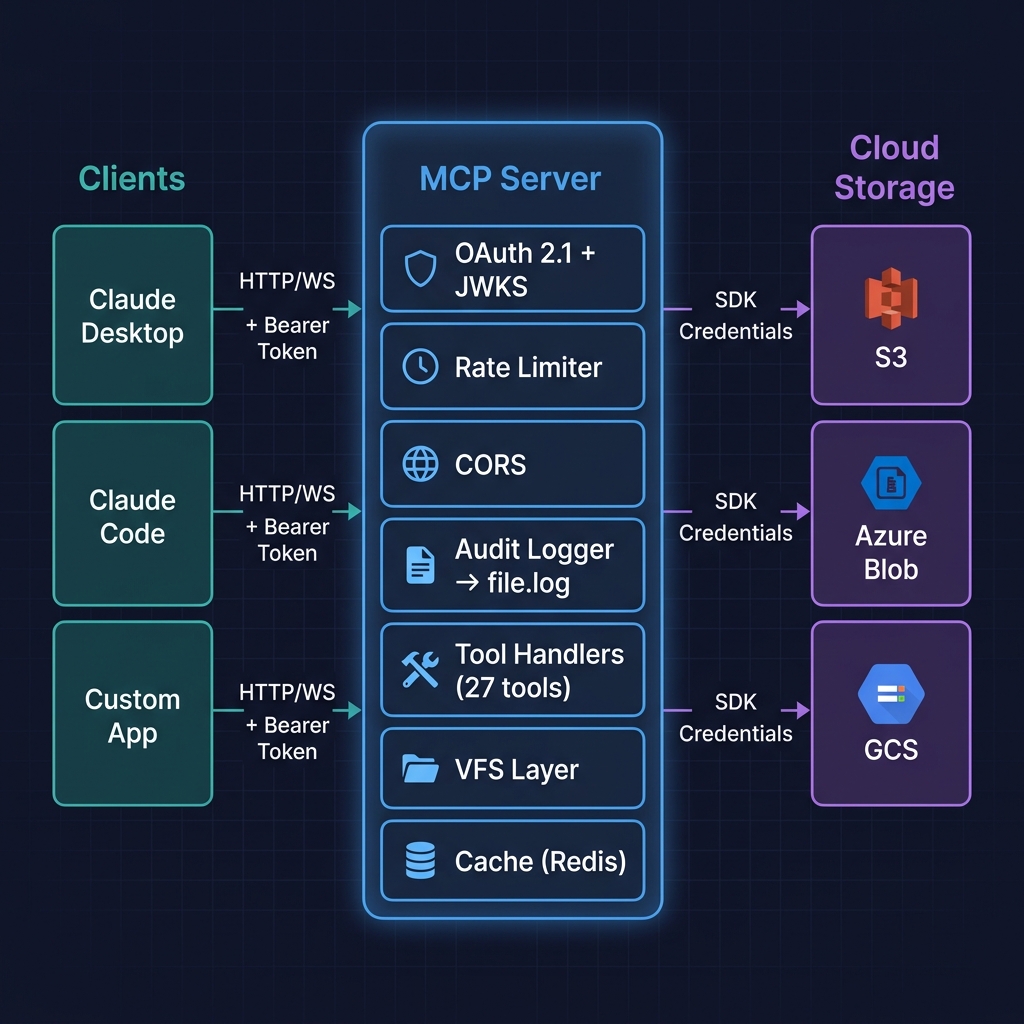 Enterprise deployment: Clients → MCP Server (with auth, rate limiting, audit) → Cloud Storage